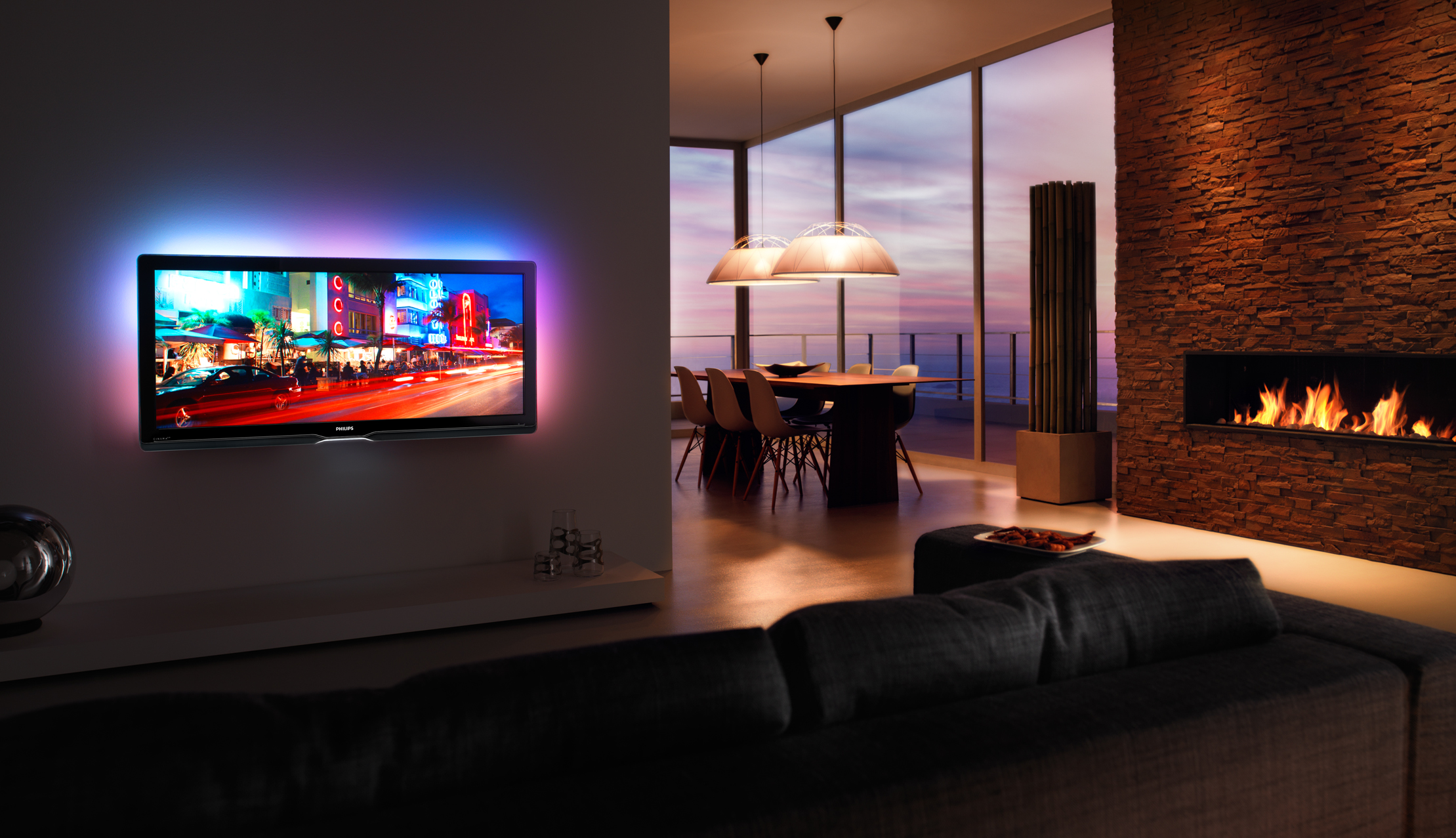 Включи телевизор в зале. Телевизор Philips Cinema 21 9 TV. Филипс плазма с подсветкой. Телевизор в интерьере. Плазменный телевизор на стене.
